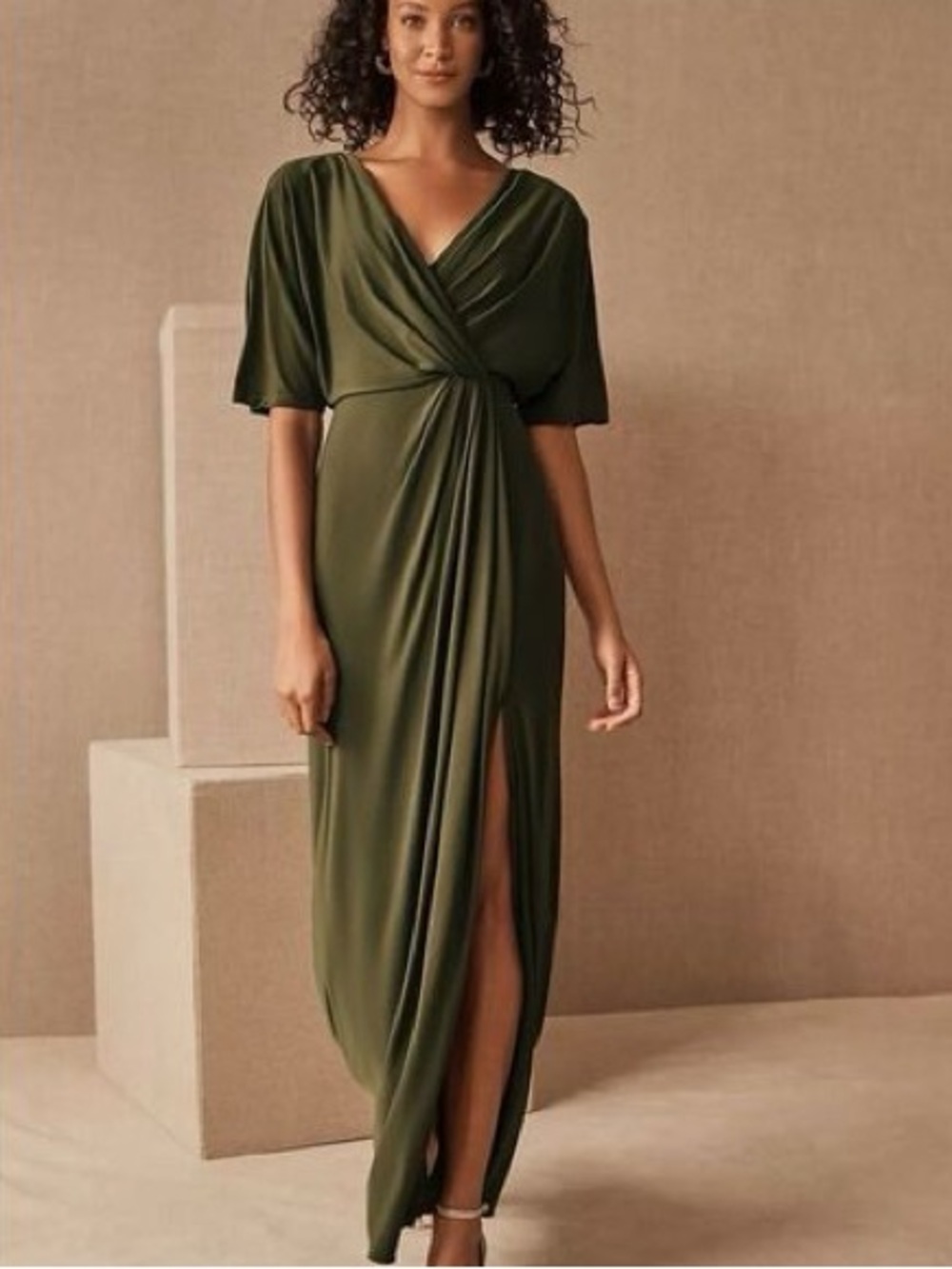 BHLDN Olive Draped V-Neck Maxi Dress with Front Slit